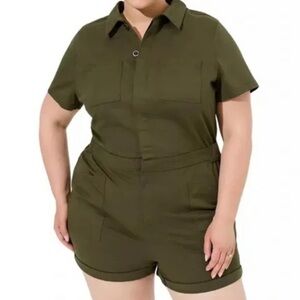 Torrid Olive Green Utility Romper Button Front Shorts Jumpsuit Pockets